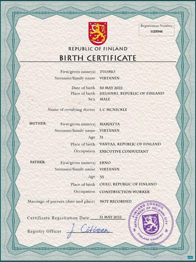 Download Finland vital record birth certificate PSD template Photoshop template